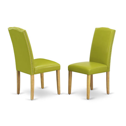 AMEN3-OAK-51 3 Piece Wooden Dining Table Set - 1 Pedestal Table and 2 Autumn Green Parsons Chair - Oak Finish