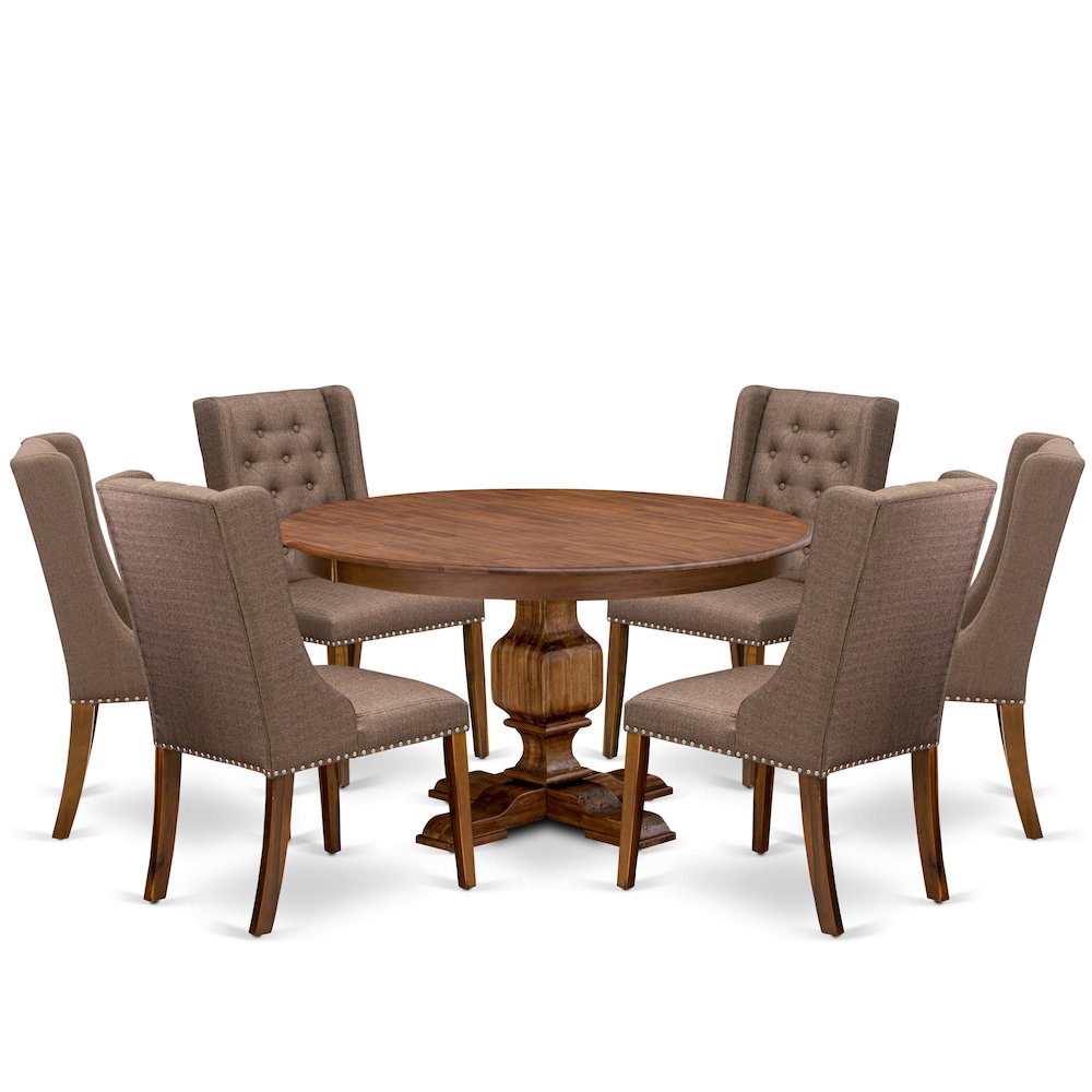 7-Piece Mid Century Modern Dining Set A Table, 6 Brown Linen Fabric Chairs