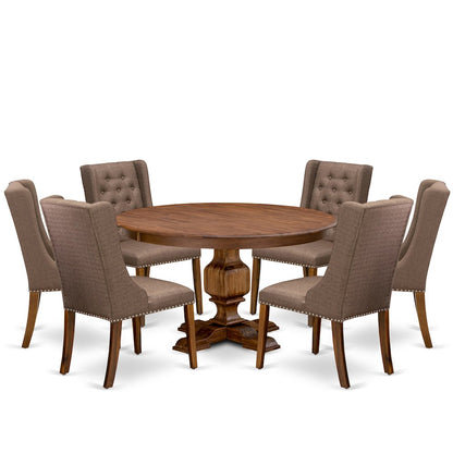 7-Piece Mid Century Modern Dining Set A Table, 6 Brown Linen Fabric Chairs