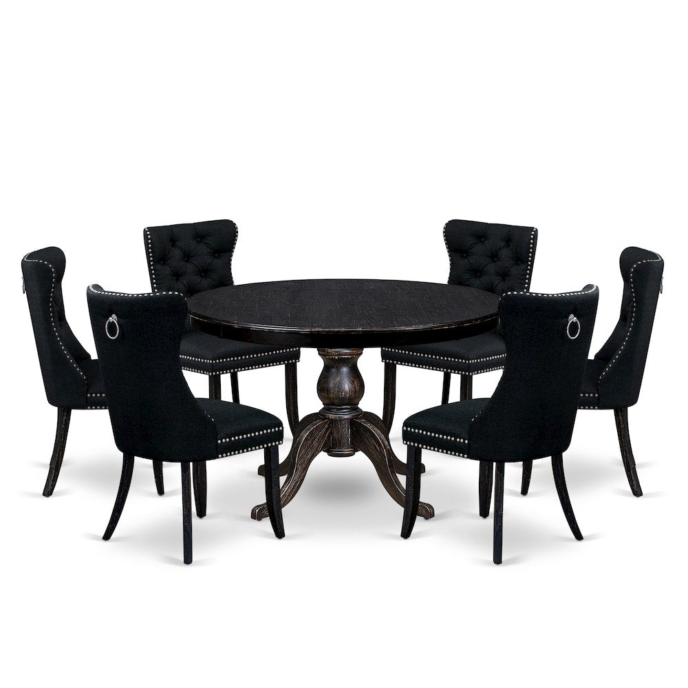 7 Piece Kitchen Table Set Consists Of 48" Round Table In Black Color