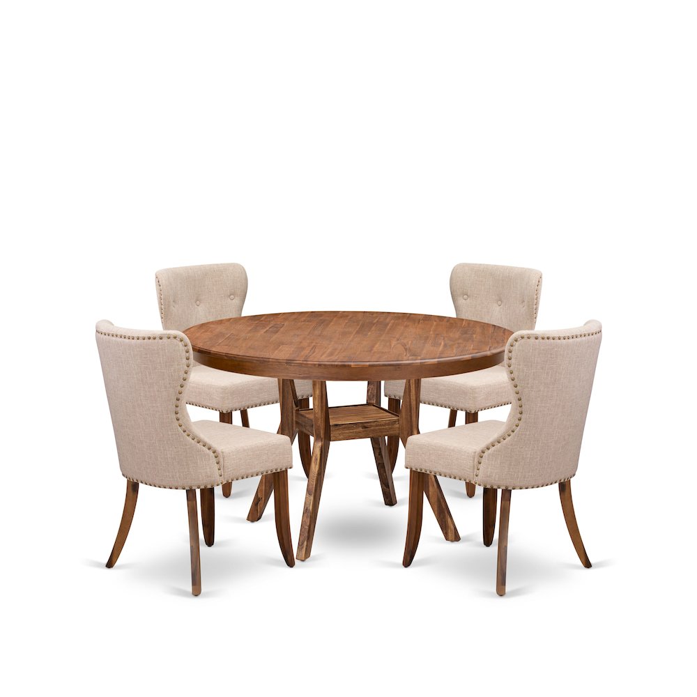 5-Pc Kitchen Table Set A Pedestal Table, 4 Light Tan Linen Fabric Kitchen Chairs