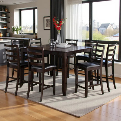 Square Counter Height Dining Table for 8 with Chairs in Brown Wood