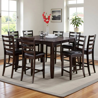 Square Counter Height Dining Table for 8 with Chairs in Brown Wood