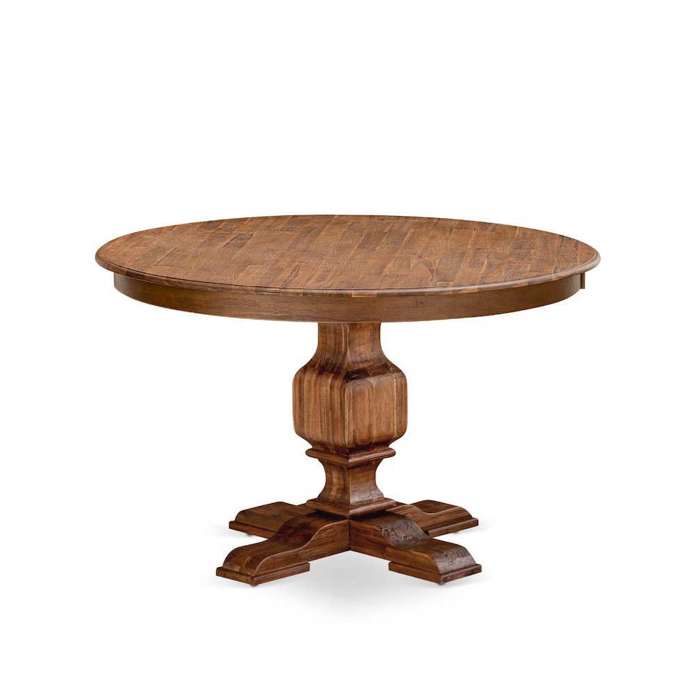 East West Furniture FERRIS Round Dining Table with Pedestal, Rustic Rubberwood Table in Sandblasting Antique Walnut Finish, 48 Inch