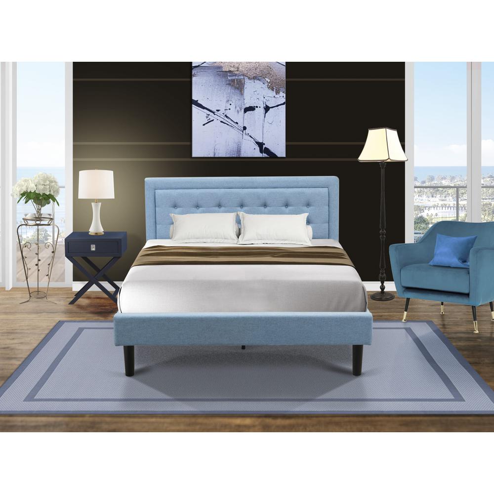 FN11Q-1HA15 2-Piece Platform Queen Bed Set Furniture with 1 Platform Bed and an End Table for bedroom - Denim Blue Linen Fabric