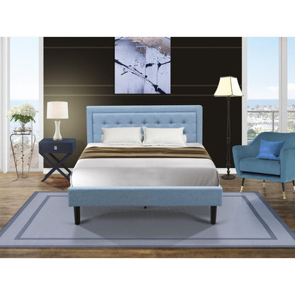 FN11Q-1HA15 2-Piece Platform Queen Bed Set Furniture with 1 Platform Bed and an End Table for bedroom - Denim Blue Linen Fabric