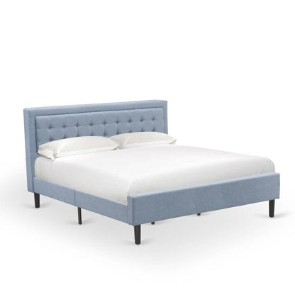 East West Furniture FNF-11-K Platform King Bed Frame - Denim Blue Linen Fabric Upholestered Bed Headboard with Button Tufted Trim Design - Black Legs