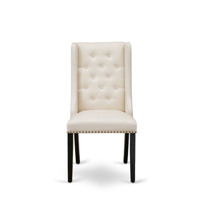FOP1T01 Dining Padded Chairs - Cream Linen Fabric Kitchen Parson Chairs and Button Tufted Back with Black Rubber Wood Legs - Parson Dining Chairs Set of 2 - Set of 2