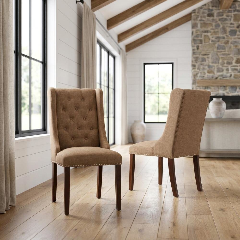 Linen-Upholstered Parsons Dining Chair with Button-Tufted Back, Set of 2