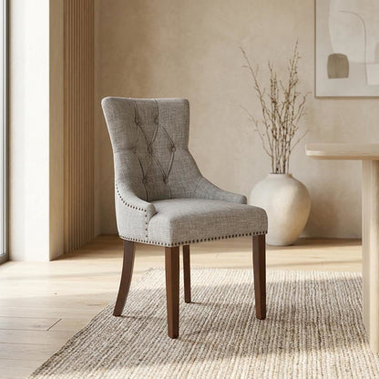 Linen-Upholstered Parsons Dining Chair with Legs for Dining Room, Mahogany, Set of 2