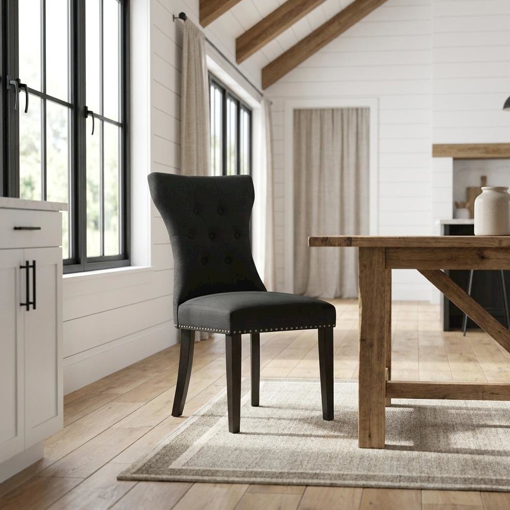 Wooden Parsons Dining Chair with Upholstered Seat for Dining Room, Black, Set of 2