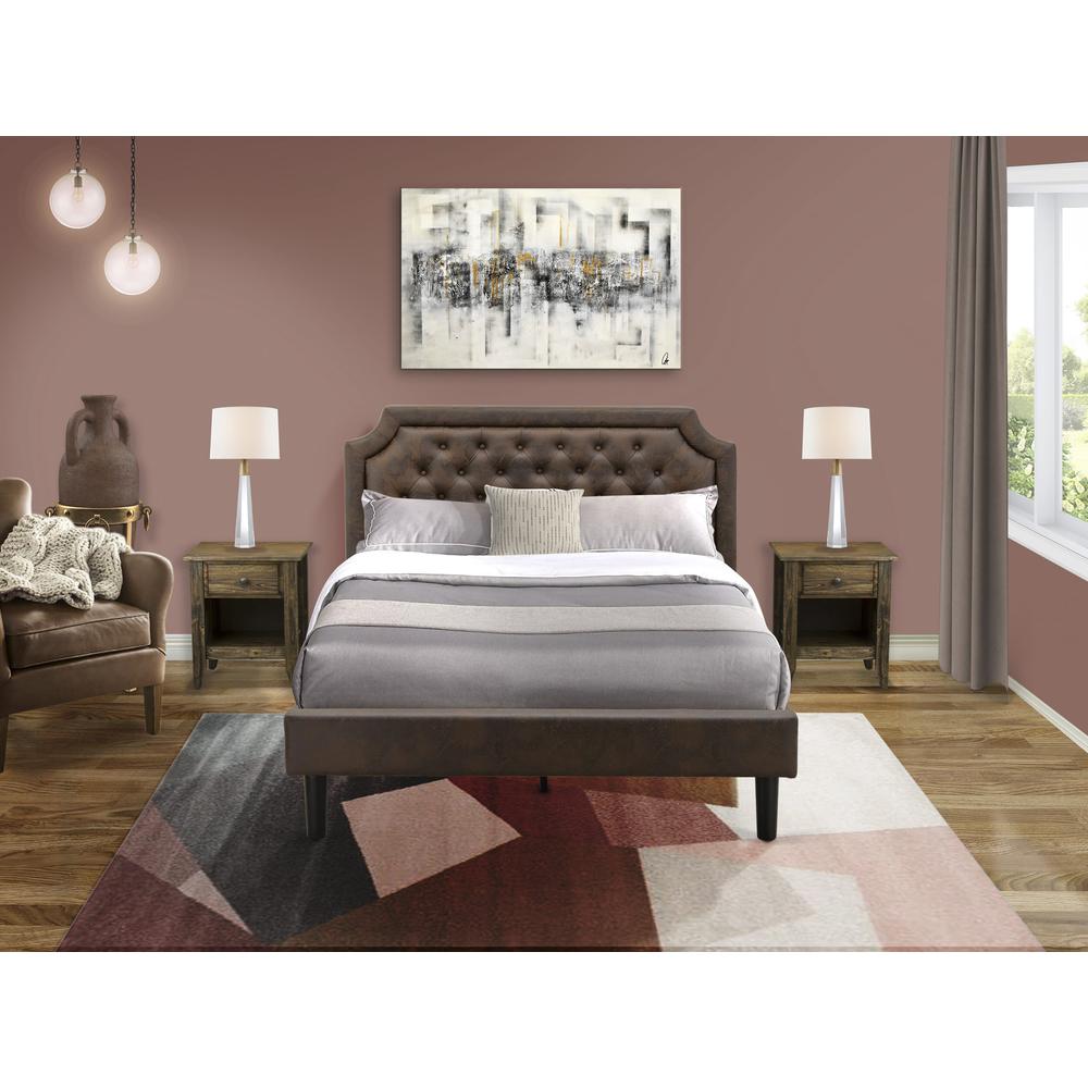 GB25Q-2GA07 3-Pc Queen Bed Set with a Platform Bed and 2 Distressed Jacobean Nightstands - Dark Brown Faux Leather and Black Legs