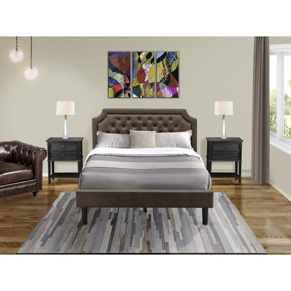 GB25Q-2VL06 3-Pc Bed Set with Frame and 2 Wire Brushed Black End Tables for bedroom - Dark Brown Faux Leather and Black Legs