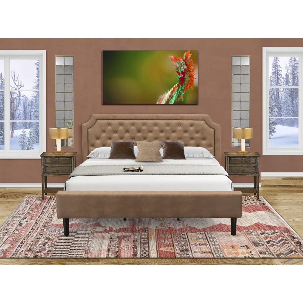 GBF-28-K King Bed Contains Brown Textured Upholstered Headboard, Footboard and Wood Rails, Slats - Wooden 9 Legs - Black Finish