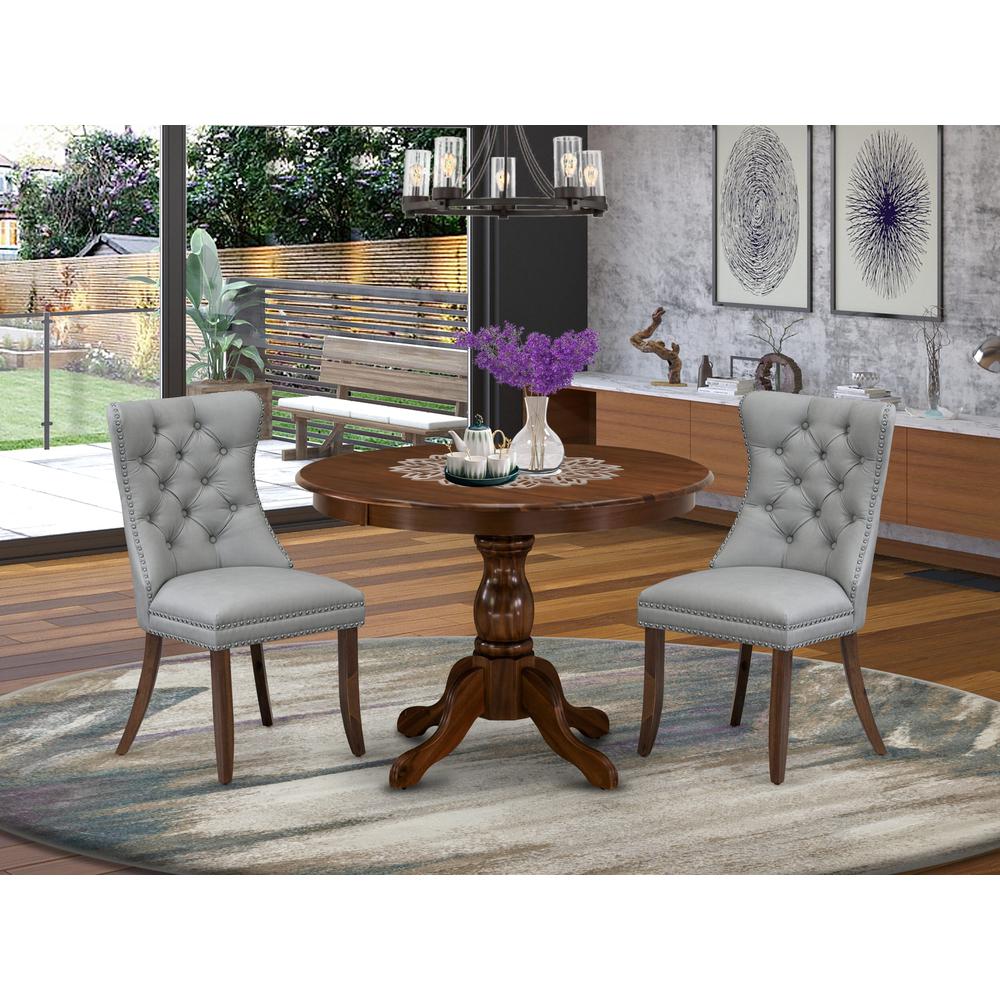 East West Furniture HBDA3-AWA-27 3 Piece Dining Room Table Set Includes a Round Kitchen Table and 2 Upholstered Parson Chairs, 42x42 Inch, Antique Walnut