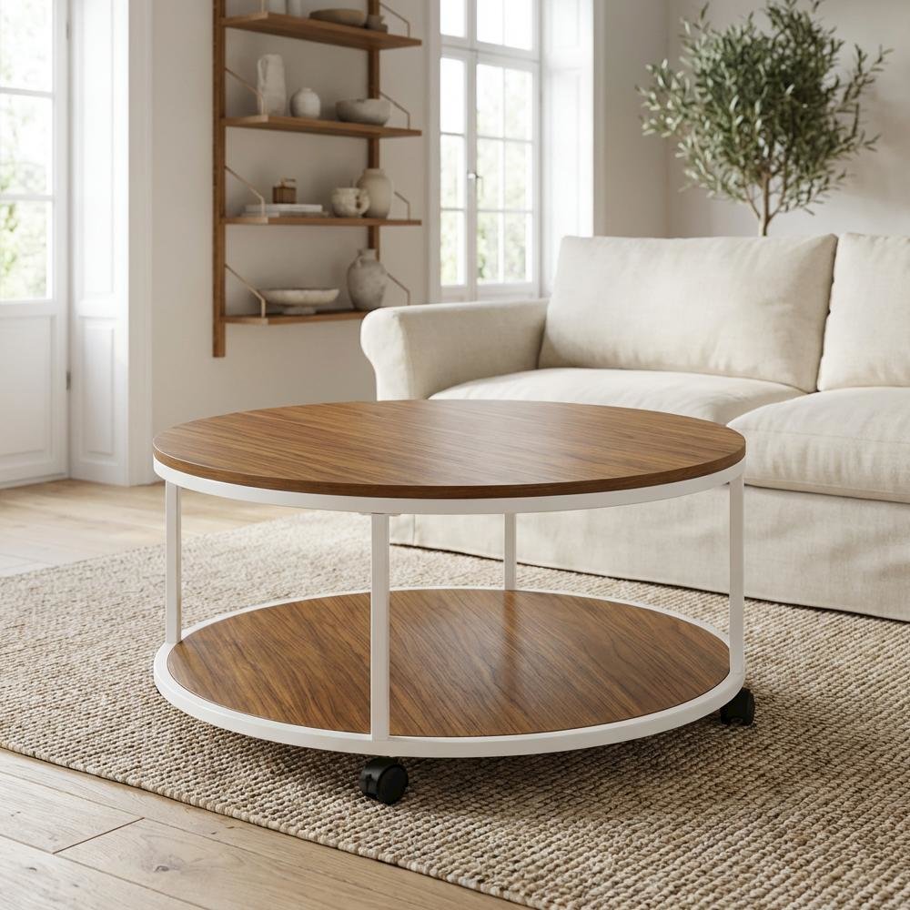 Round White Coffee Table with Solid Wood Frame and Brown Laminate Top