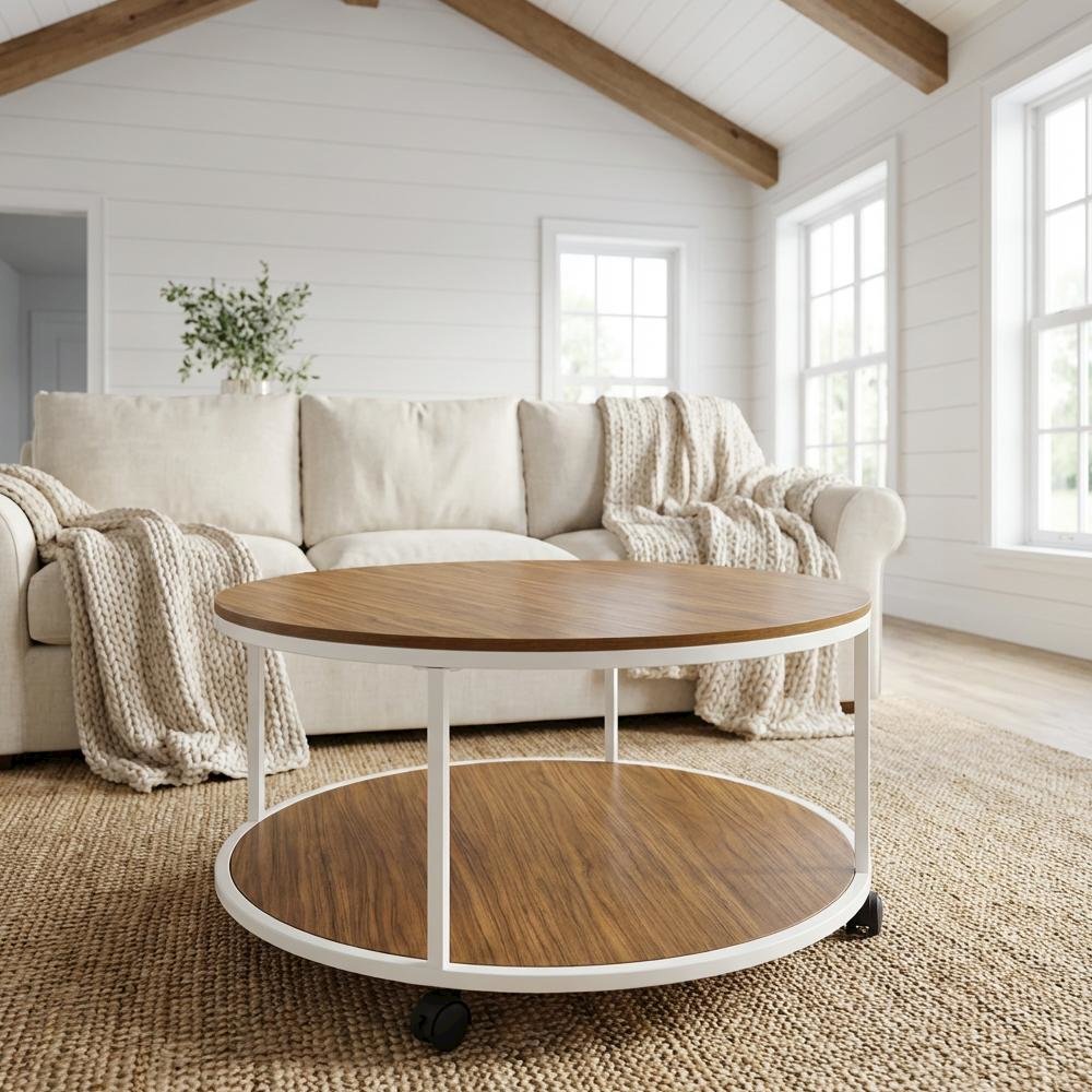 Round White Coffee Table with Solid Wood Frame and Brown Laminate Top