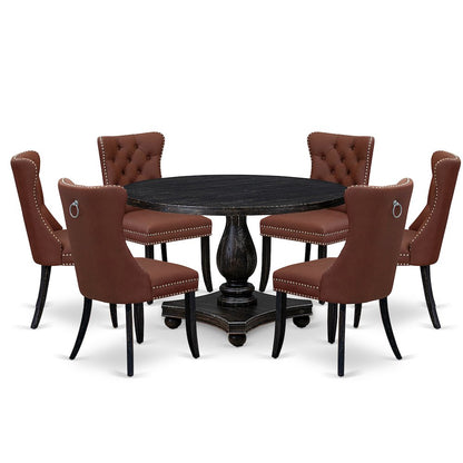7 Piece Dining Table Set Consists Of 48" Round Table In Burgandy Color