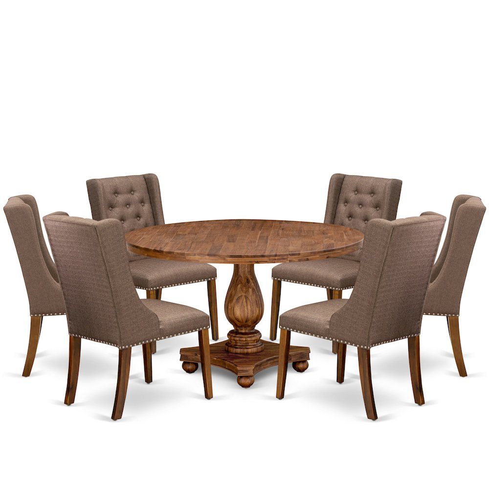 7-Piece Dining Set A Mid Century Modern Table, 6 Brown Linen Fabric Chairs