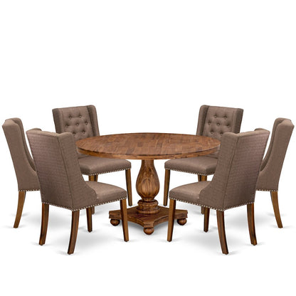 7-Piece Dining Set A Mid Century Modern Table, 6 Brown Linen Fabric Chairs