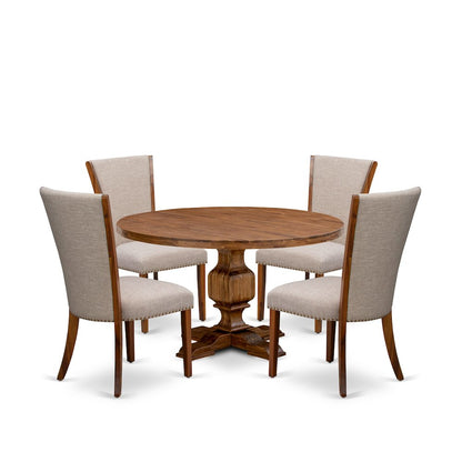 5 Piece Kitchen Table Set Includes 54" Round Table In Light Tan Color