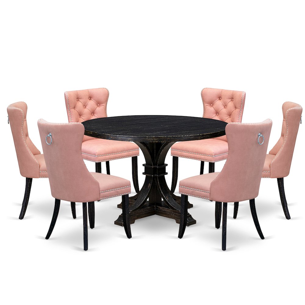 7 Piece Dining Set Includes 48" Round Kitchen Table In Beige Red Color