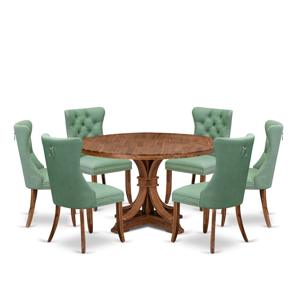 7-Pc Mid Century Table Set Contain A Dining Room Table And 6 Willow Green Chairs