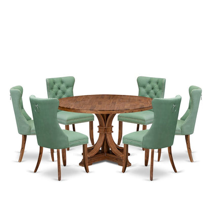7-Pc Mid Century Table Set Contain A Dining Room Table And 6 Willow Green Chairs