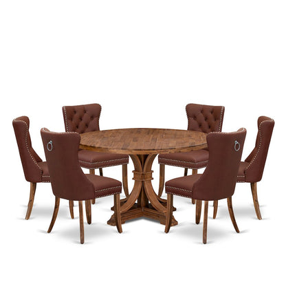 7-Pc Modern Dining Table Set Contain A Room Table And 6 Burgundy Padded Chairs