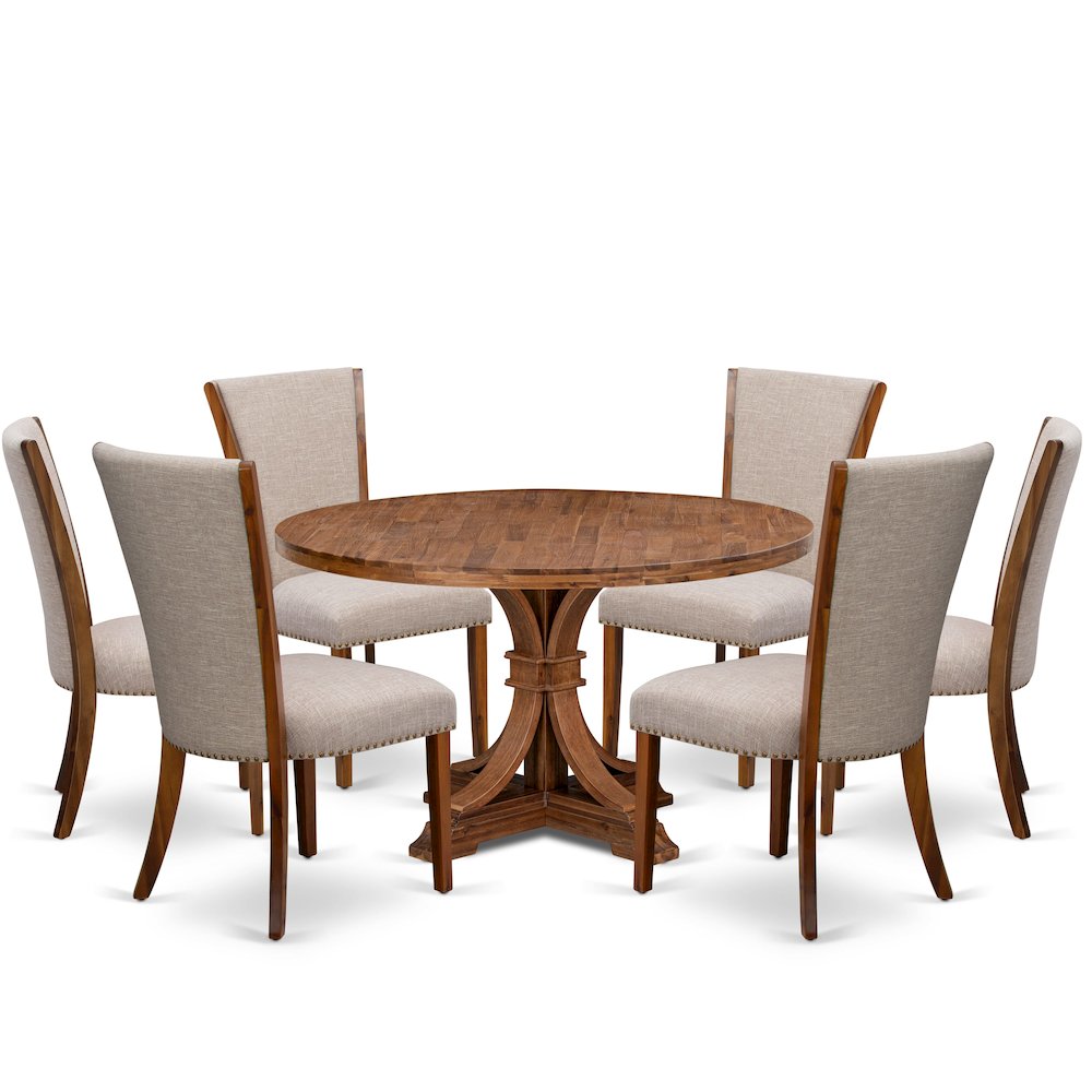 7 Piece Dining Set Consists Of 54" Round Kitchen Table In Light Tan Color