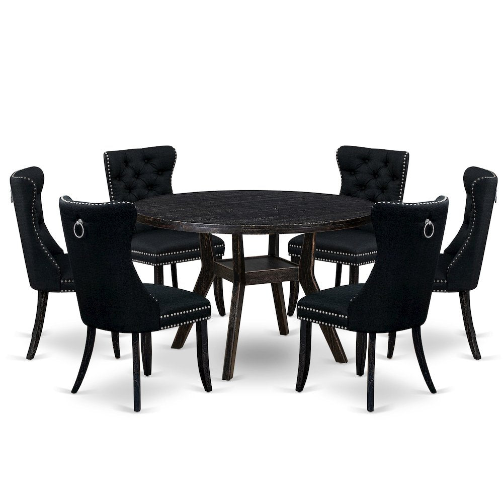 7-Piecemodern Dining Set Of A Wood Table, 6 Black Linen Fabric Modern Chair