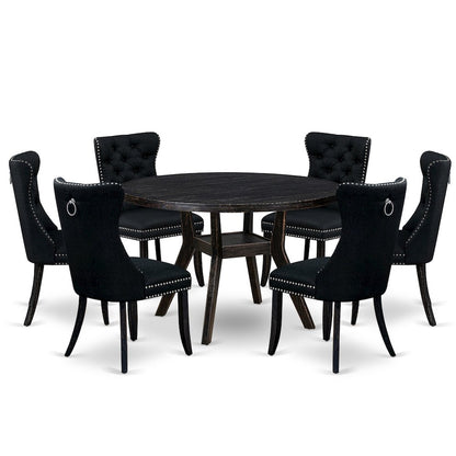 7-Piecemodern Dining Set Of A Wood Table, 6 Black Linen Fabric Modern Chair