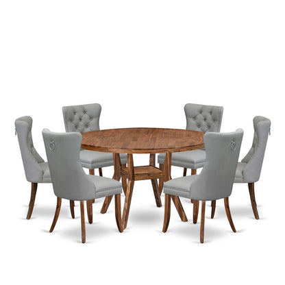 7-Pc Mid Century Dining Table Set Consist A Table And 6 Light Gray Padded Chairs