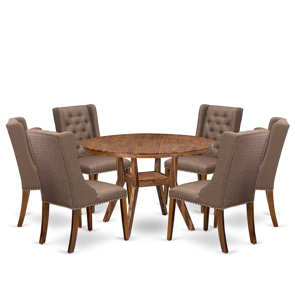 7-Piece Dining Table Set Consist Of A Wooden Kitchen Table, 6 Brown Fabric Chair