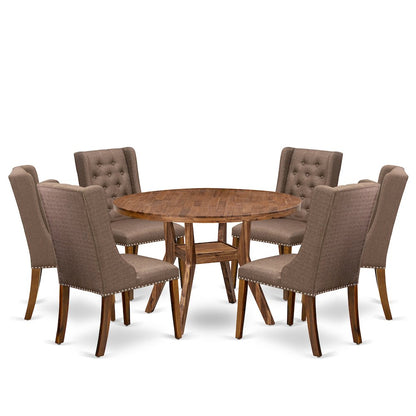 7-Piece Dining Table Set Consist Of A Wooden Kitchen Table, 6 Brown Fabric Chair