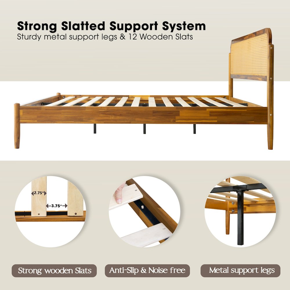 JMK-38 King Wooden Platform Bed Frame, Acacia Honey Finish, Traditional Style