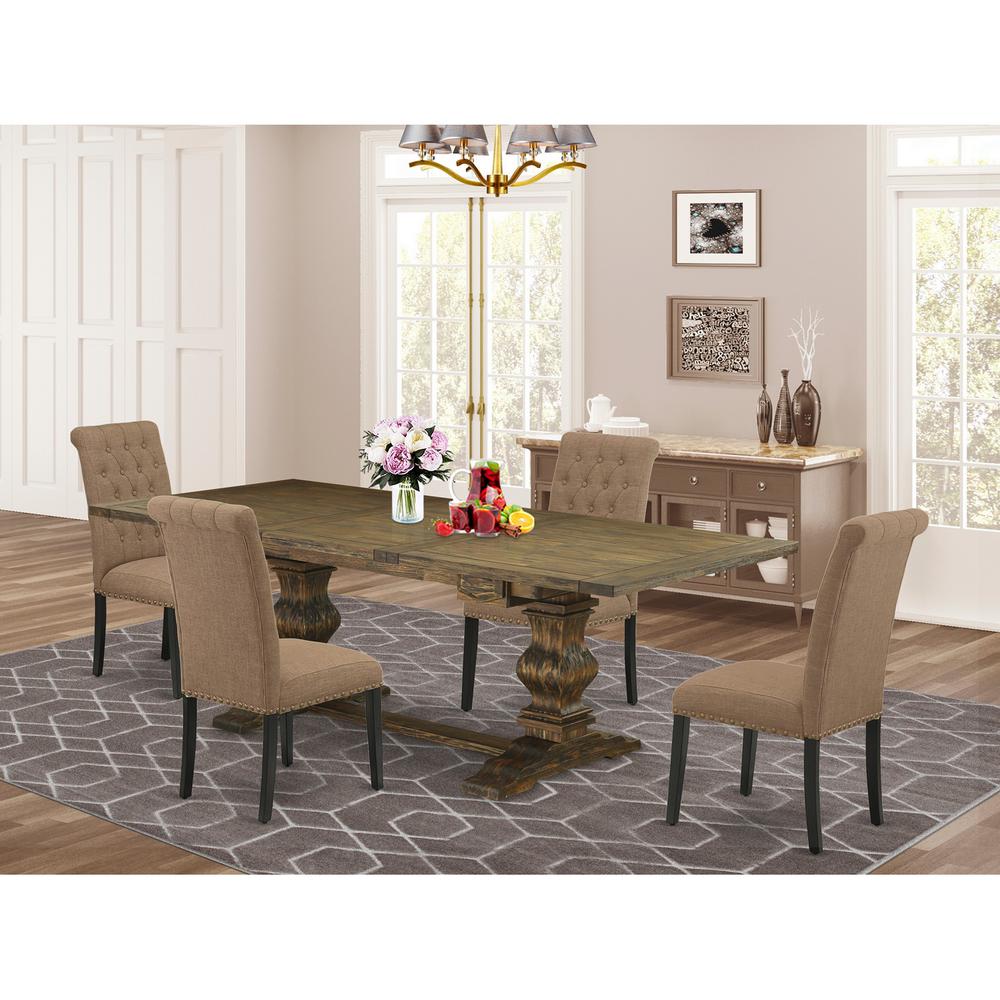 East West Furniture LABR5-71-17 5 Piece Dining Table Set Includes a Rectangle Wooden Table with Removable Leaf and 4 Light Sable Linen Fabric Upholstered Chairs, 42x92 Inch, Jacobean