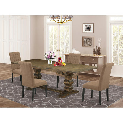 East West Furniture LABR5-71-17 5 Piece Dining Table Set Includes a Rectangle Wooden Table with Removable Leaf and 4 Light Sable Linen Fabric Upholstered Chairs, 42x92 Inch, Jacobean