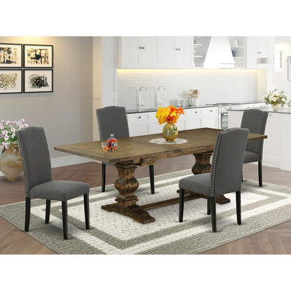 5 Piece Dining Set Includes a Rectangle Dining Room Table with Removable Leaf and 4 Dark Gotham Linen Fabric Upholstered Chairs, 42x92 Inch, Jacobean