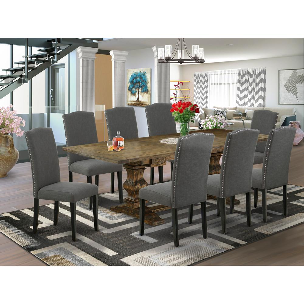 9 Piece Dining Room Table Set Includes a Rectangle Removable Leaf Kitchen Table and 8 Dark Gotham Linen Fabric Upholstered Chairs, 42x92 Inch, Jacobean