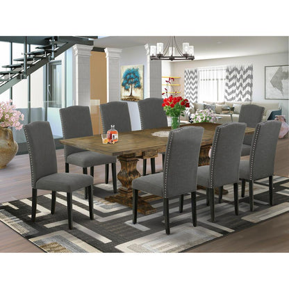 9 Piece Dining Room Table Set Includes a Rectangle Removable Leaf Kitchen Table and 8 Dark Gotham Linen Fabric Upholstered Chairs, 42x92 Inch, Jacobean