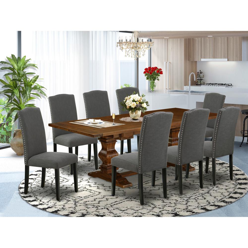 East West Furniture LAEN9-81-20 9 Piece Dining Room Table Set Includes a Rectangle Kitchen Table with Removable Leaf and 8 Dark Gotham Linen Fabric Parson Chairs, 42x92 Inch, Walnut