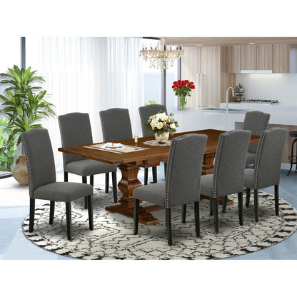 East West Furniture LAEN9-81-20 9 Piece Dining Room Table Set Includes a Rectangle Kitchen Table with Removable Leaf and 8 Dark Gotham Linen Fabric Parson Chairs, 42x92 Inch, Walnut