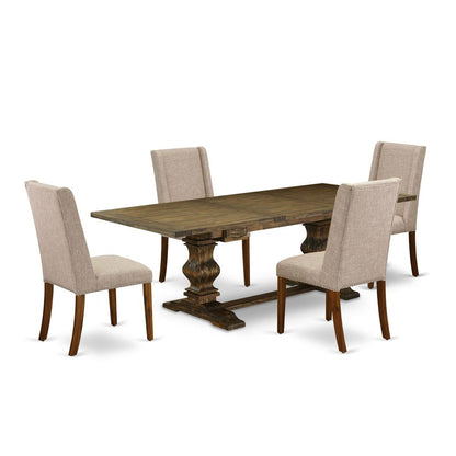 East West Furniture LAFL5-78-04 5 Piece Dining Table Set for 4 Includes a Rectangle Kitchen Table with Removable Leaf and 4 Light Tan Linen Fabric Parsons Chairs, 42x92 Inch, Jacobean