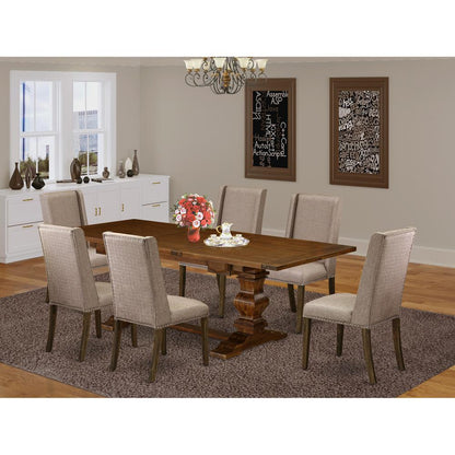 Lassale 7 Piece Set Consist of a Rectangle Dining Room Table with Butterfly Leaf and 6 Dark Khaki Linen Fabric Parson Chairs, 42x92 Inch, Walnut