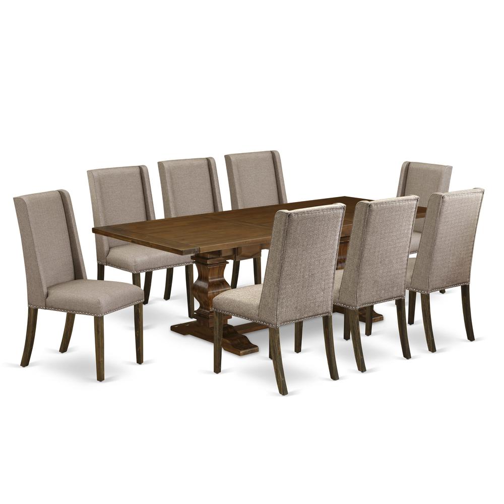 9-piece dining set with Chair’s Legs and Dark Khaki Linen Fabric