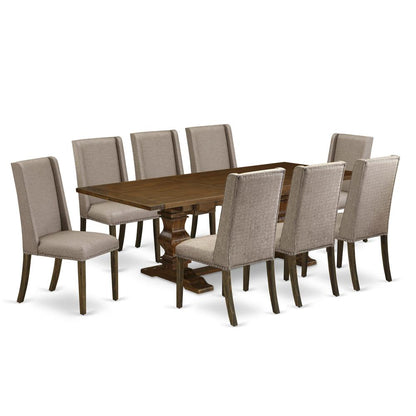 9-piece dining set with Chair’s Legs and Dark Khaki Linen Fabric