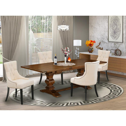 East West Furniture LAFR5-81-02 5 Piece Dining Table Set for 4 Includes a Rectangle Kitchen Table with Removable Leaf and 4 Light Beige Linen Fabric Parsons Chairs, 42x92 Inch, Walnut