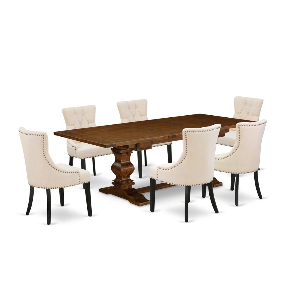 7 Piece Dining Room Set Consist of a Rectangle Wooden Table with Butterfly Leaf and 6 Light Beige Linen Fabric Parson Dining Chairs, 42x92 Inch, Walnut
