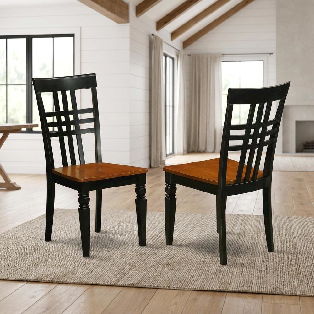 Traditional Solid Wood Dining Chair with Wood Seat, Black & Cherry, Set of 2